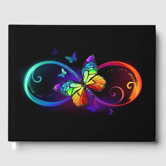 Vibrant infinity with rainbow butterfly on black guest book (Front)