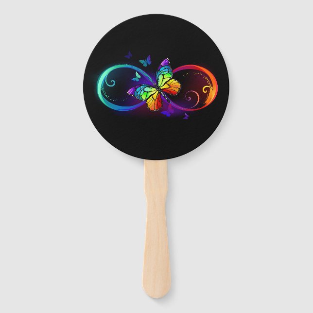 Vibrant infinity with rainbow butterfly on black hand fan (Front)