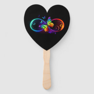 Vibrant infinity with rainbow butterfly on black hand fan