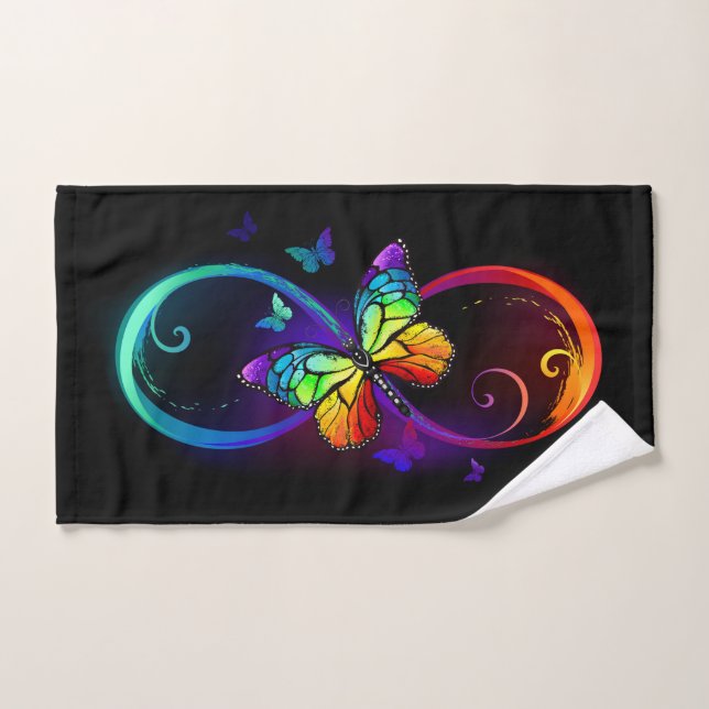 Vibrant infinity with rainbow butterfly on black hand towel (Hand Towel)