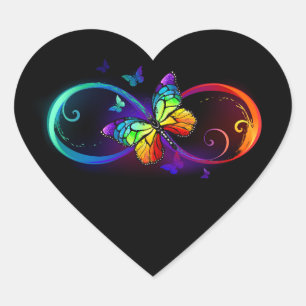 Vibrant infinity with rainbow butterfly on black  heart sticker