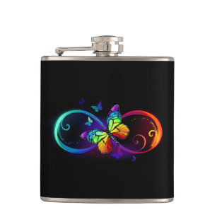 Vibrant infinity with rainbow butterfly on black hip flask