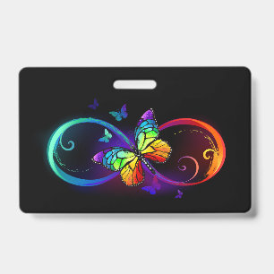 Vibrant infinity with rainbow butterfly on black ID badge
