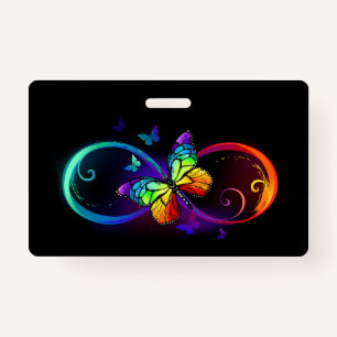 Vibrant infinity with rainbow butterfly on black ID badge