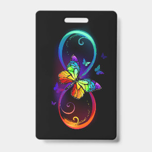 Vibrant infinity with rainbow butterfly on black ID badge