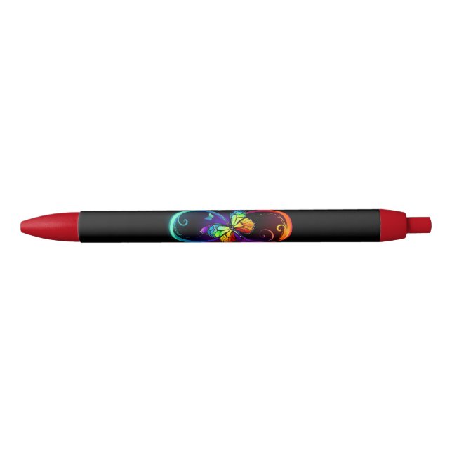 Vibrant infinity with rainbow butterfly on black ink pen (Front)