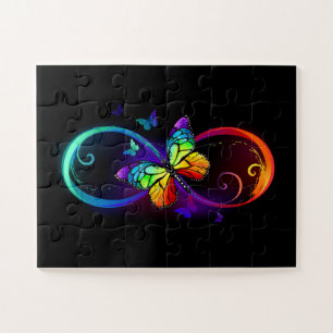 Vibrant infinity with rainbow butterfly on black jigsaw puzzle