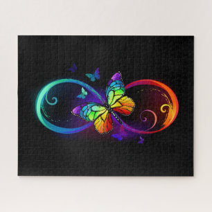 Vibrant infinity with rainbow butterfly on black jigsaw puzzle