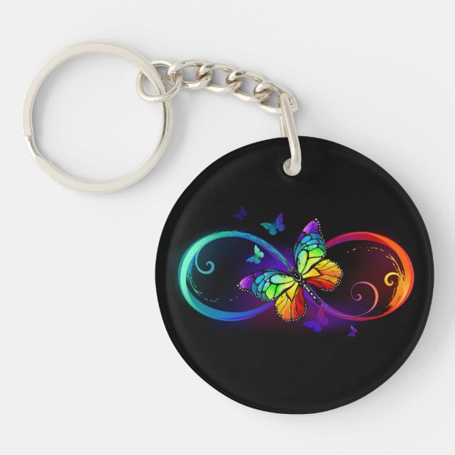 Vibrant infinity with rainbow butterfly on black key ring (Front)