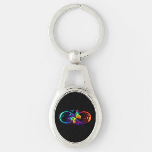 Vibrant infinity with rainbow butterfly on black key ring