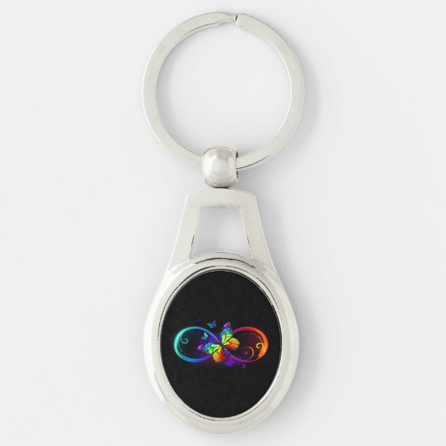 Vibrant infinity with rainbow butterfly on black  key ring (Front)