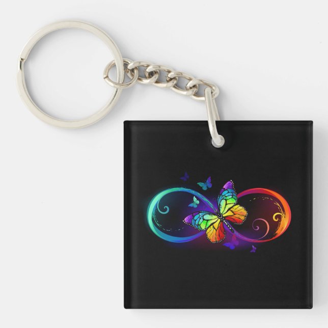 Vibrant infinity with rainbow butterfly on black key ring (Front)