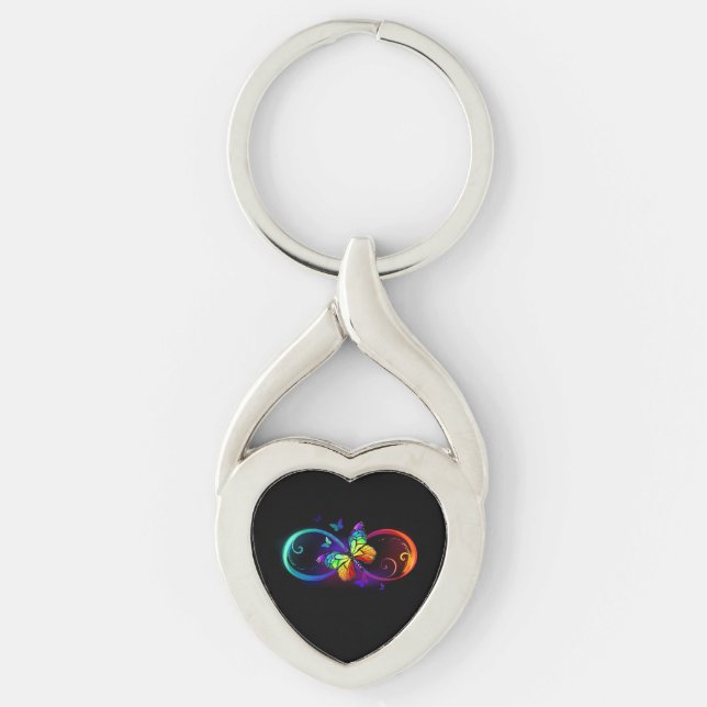 Vibrant infinity with rainbow butterfly on black key ring (Front)