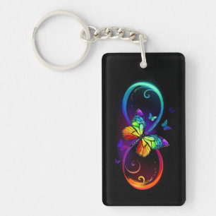 Vibrant infinity with rainbow butterfly on black key ring