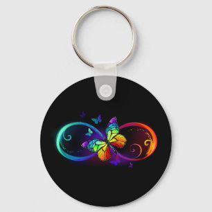 Vibrant infinity with rainbow butterfly on black key ring