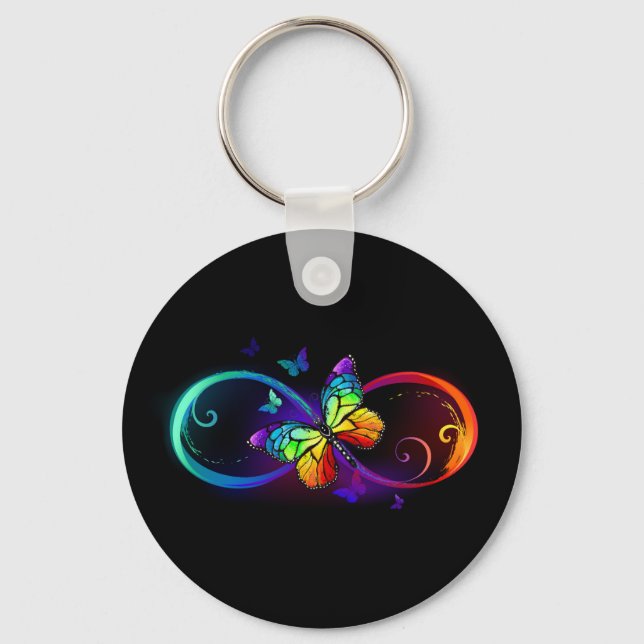 Vibrant infinity with rainbow butterfly on black key ring (Front)