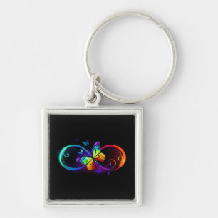 Vibrant infinity with rainbow butterfly on black key ring