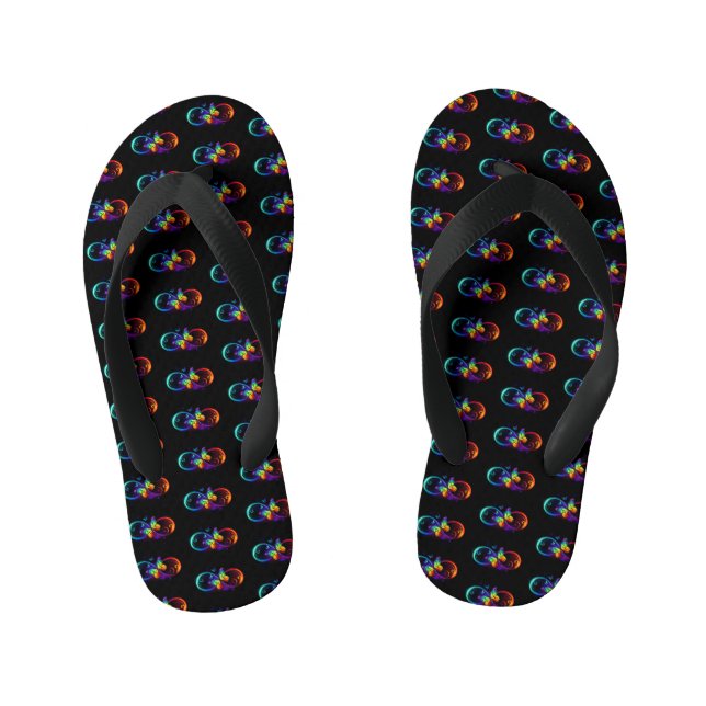 Vibrant infinity with rainbow butterfly on black kid's flip flops (Footbed)