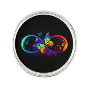Vibrant infinity with rainbow butterfly on black lapel pin