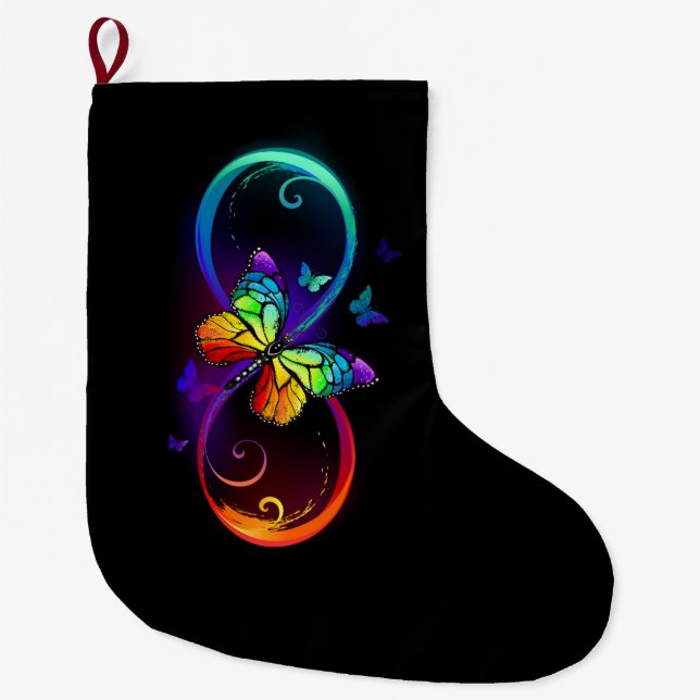 Vibrant infinity with rainbow butterfly on black large christmas stocking (Front)