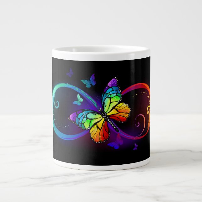 Vibrant infinity with rainbow butterfly on black  large coffee mug (Front)