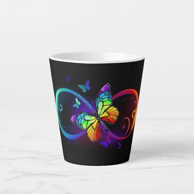 Vibrant infinity with rainbow butterfly on black latte mug (Front)