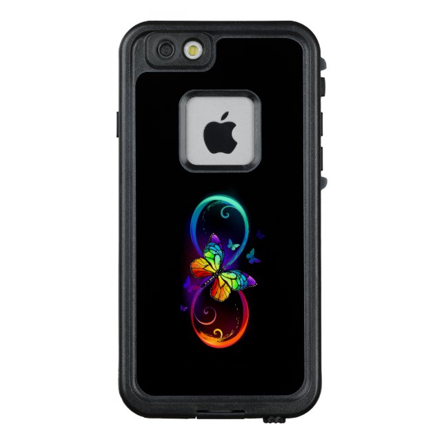 Vibrant infinity with rainbow butterfly on black LifeProof iPhone case (Back)