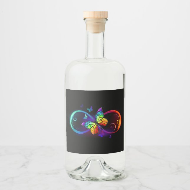 Vibrant infinity with rainbow butterfly on black liquor bottle label (Front)
