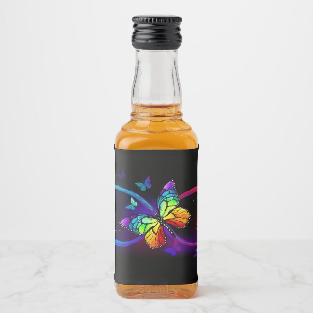 Vibrant infinity with rainbow butterfly on black liquor bottle label (Front)