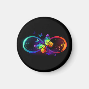 Vibrant infinity with rainbow butterfly on black magnet