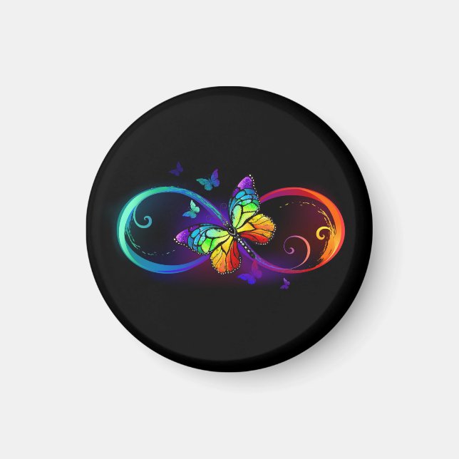 Vibrant infinity with rainbow butterfly on black magnet (Front)