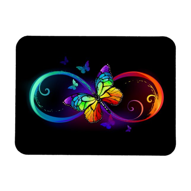 Vibrant infinity with rainbow butterfly on black magnet (Horizontal)