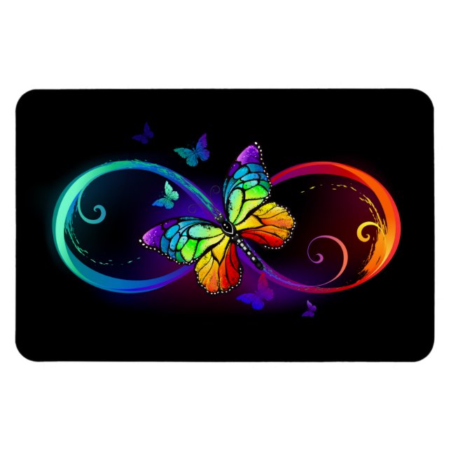 Vibrant infinity with rainbow butterfly on black  magnet (Horizontal)