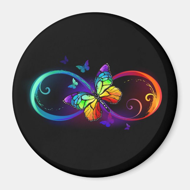 Vibrant infinity with rainbow butterfly on black  magnet (Front)