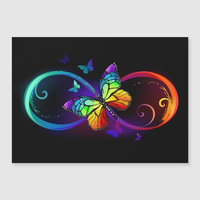 Vibrant infinity with rainbow butterfly on black magnetic invitation (Front)