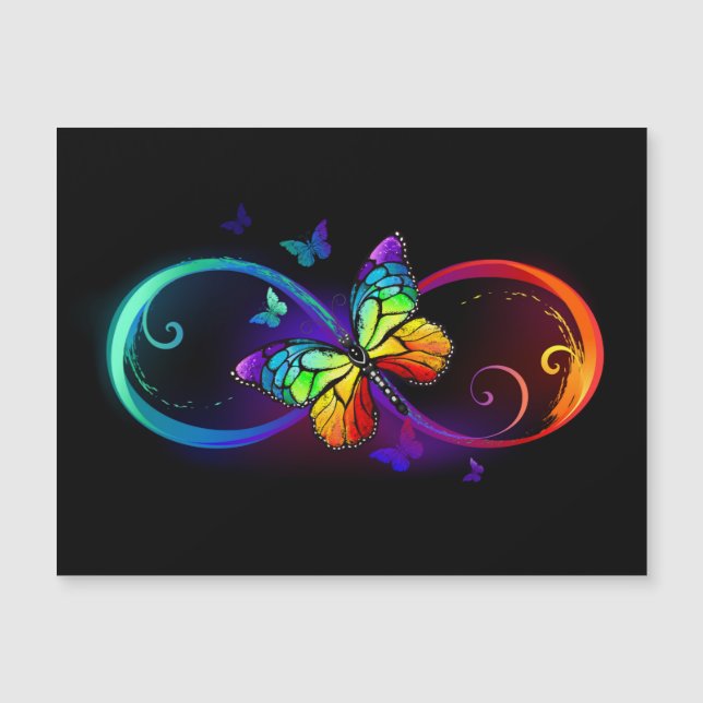 Vibrant infinity with rainbow butterfly on black magnetic invitation (Front)