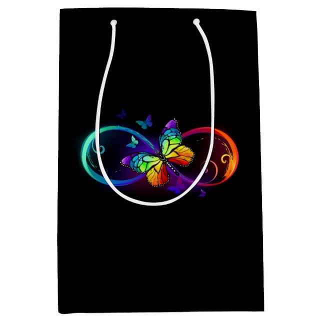 Vibrant infinity with rainbow butterfly on black medium gift bag (Front)