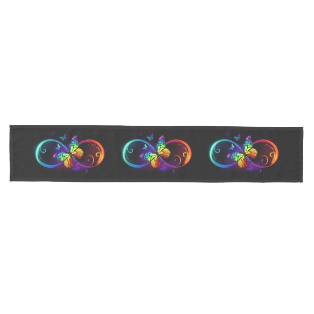 Vibrant infinity with rainbow butterfly on black medium table runner (Horizontal)