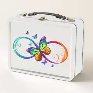 Vibrant infinity with rainbow butterfly on black metal lunch box