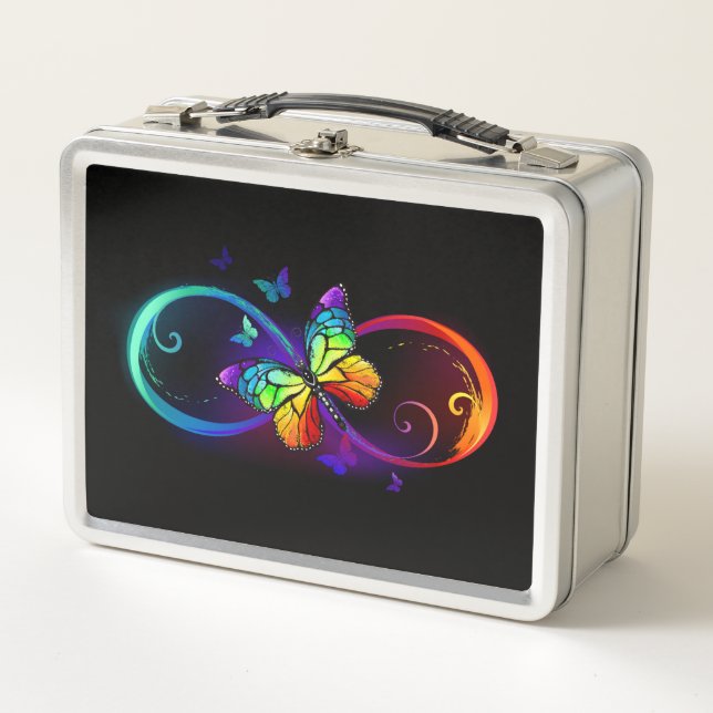 Vibrant infinity with rainbow butterfly on black  metal lunch box (Front)