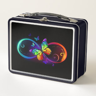 Vibrant infinity with rainbow butterfly on black metal lunch box