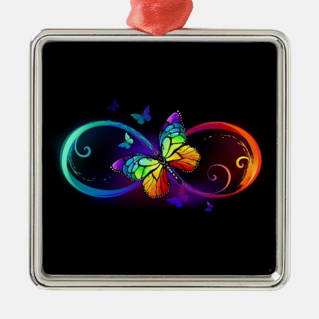 Vibrant infinity with rainbow butterfly on black metal tree decoration (Front)