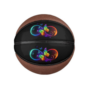 Vibrant infinity with rainbow butterfly on black mini basketball