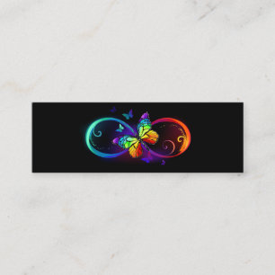 Vibrant infinity with rainbow butterfly on black  mini business card