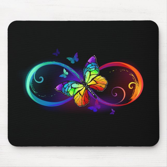 Vibrant infinity with rainbow butterfly on black mouse mat (Front)