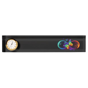 Vibrant infinity with rainbow butterfly on black nameplate