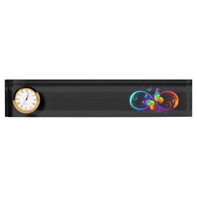 Vibrant infinity with rainbow butterfly on black nameplate (Front)