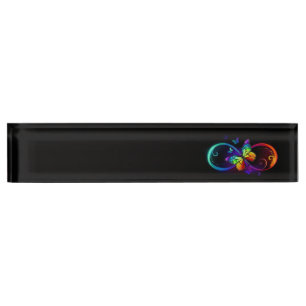 Vibrant infinity with rainbow butterfly on black nameplate