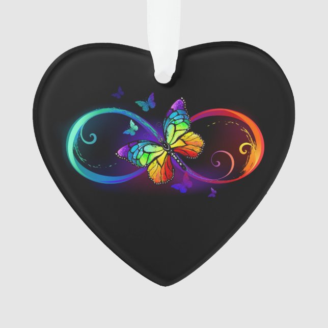 Vibrant infinity with rainbow butterfly on black ornament (Front)