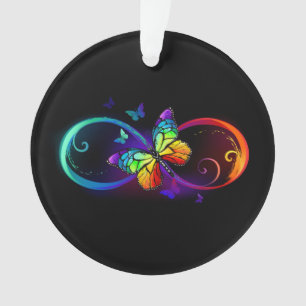 Vibrant infinity with rainbow butterfly on black ornament